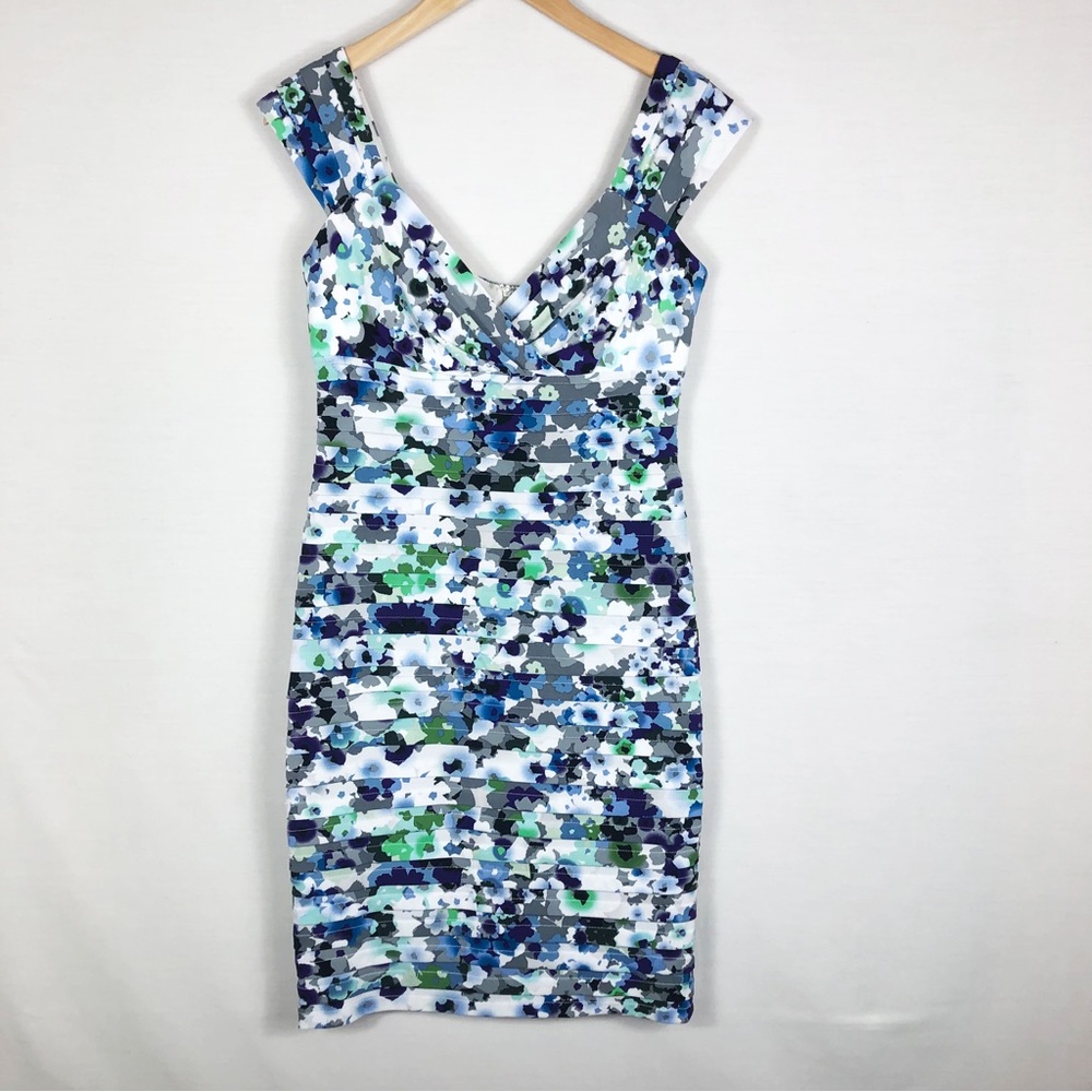 London Times Floral Flutter Sheath Dress | White Purple Blue | Size 6